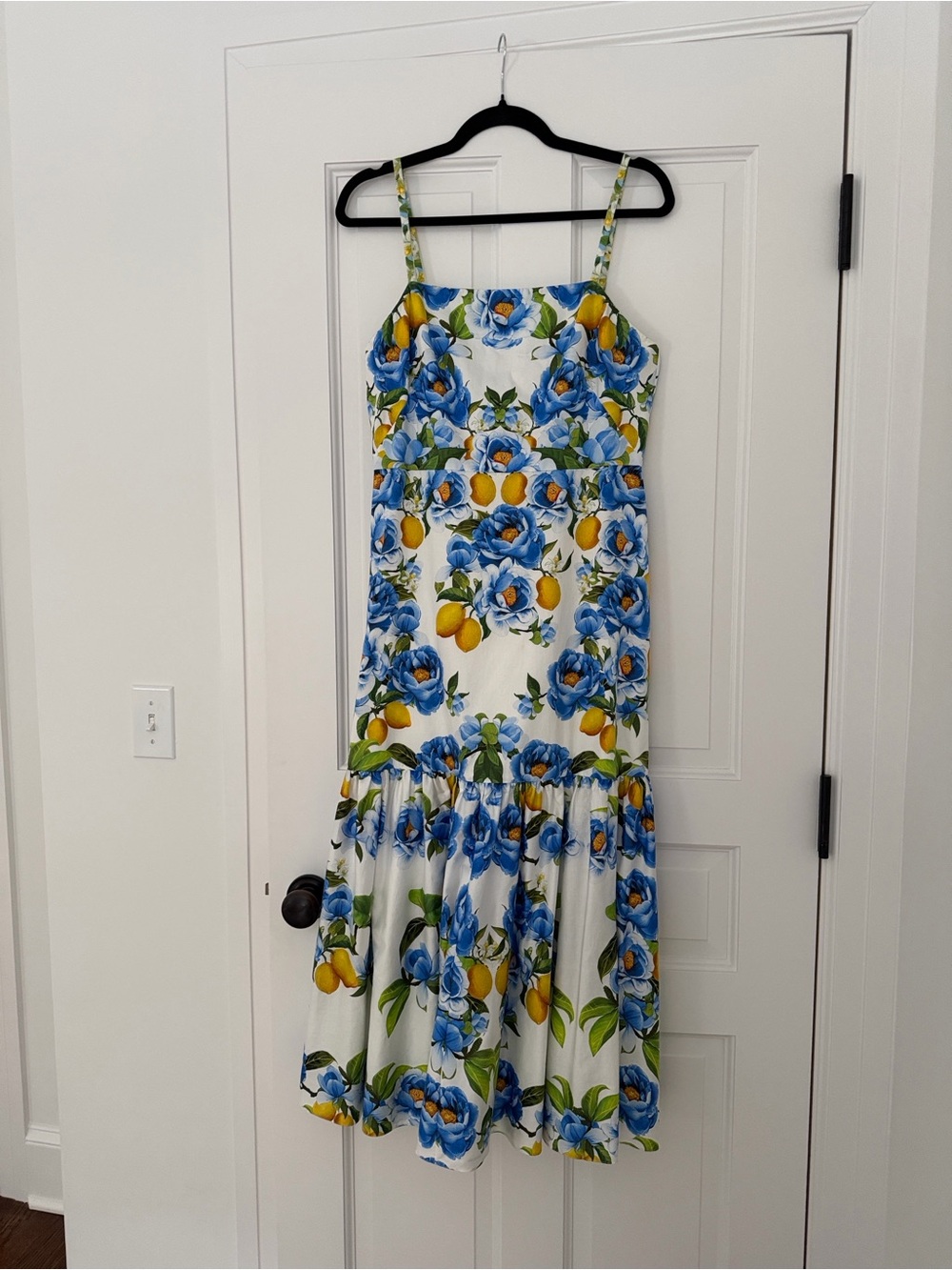Borgo De Nor White Floral Midi Dress with Blue Roses and Yellow Lemons